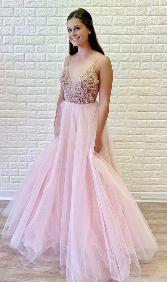 Spaghetti Straps Beaded Long Tulle Pink Prom Dress    cg12285
