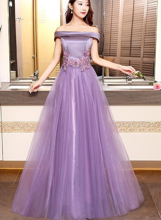 Beautiful Purple Long Party Gown 2020, Off Shoulder Prom Dress   cg12300