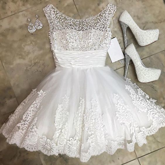White Homecoming Dress,Short Beading Dress   cg12311