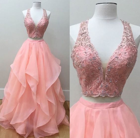 Pink Two Pieces Lace Long Prom Dress, Pink Evening Dress   cg12320