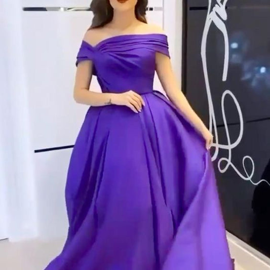 purple prom dresses 2021 off the shoulder pleats a line satin long evening dresses gowns   cg12323