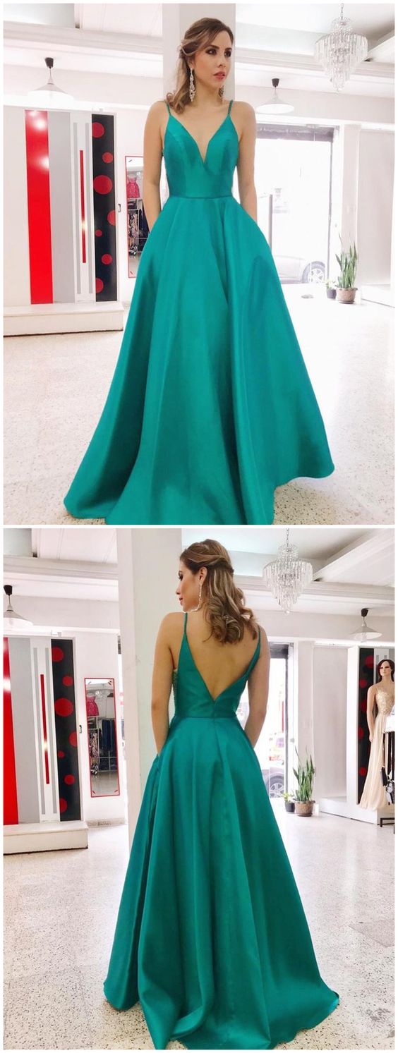 Simple V Neck Green Long Prom Dresses with Pockets, Green Backless Formal Evening Dresses   cg12326