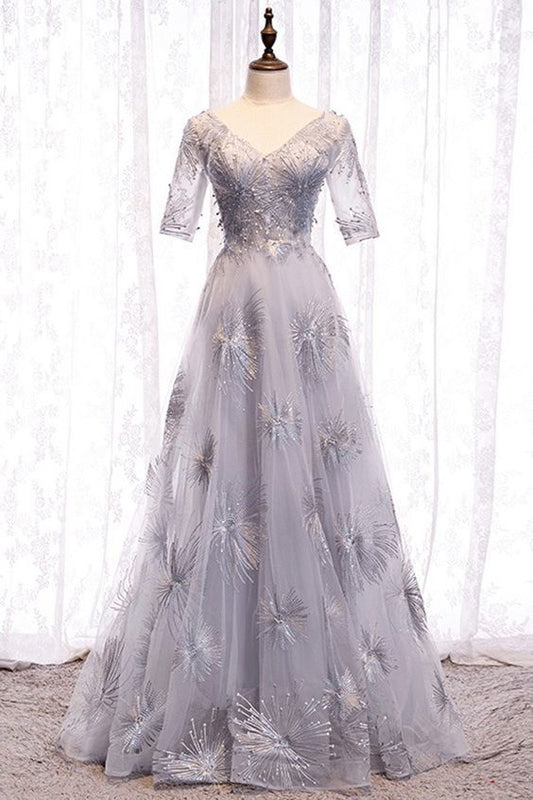 silver long grey evening prom dress with bing sleeves   cg12331