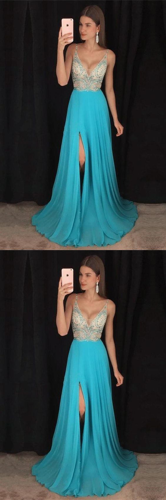 Beautiful Spaghetti Straps Blue Long Beading Chiffon V-neck Prom Dresses   cg12338