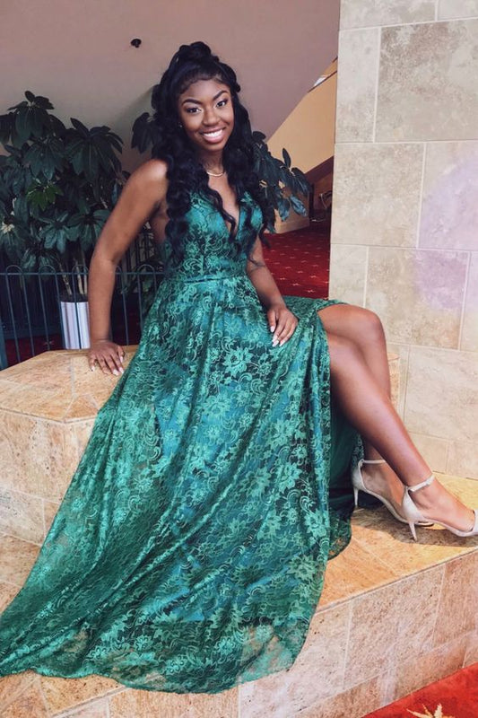 green lace A-line long prom dress with side slit   cg12345