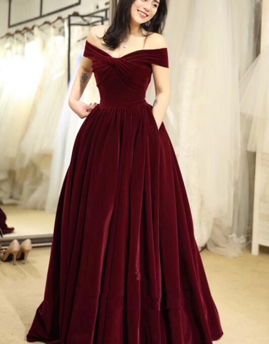 Off Shoulder Long Wine Red Velvet Ball Gown, Charming Party prom Dress   cg12371