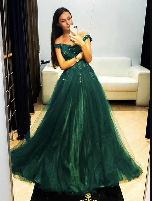 Green tulle lace long prom dress evening dress   cg12374