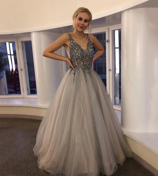 GRAY V NECK TULLE BEADS LONG PROM DRESS EVENING DRESS   cg12381