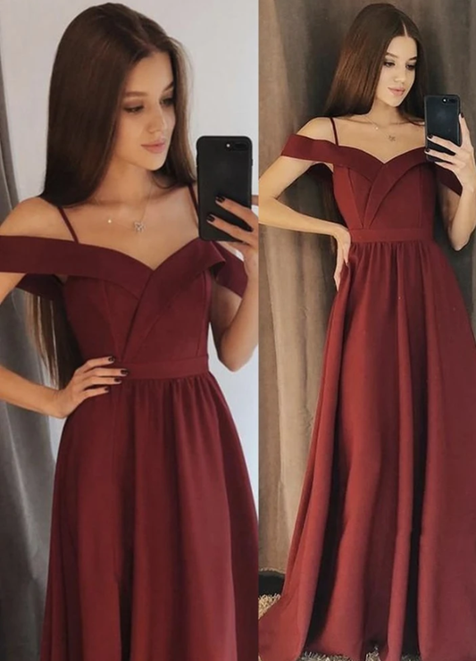 Elegant Off the Shoulder Burgundy Satin Long Prom Dress, Off Shoulder Burgundy Formal Graduation Evening Dress   cg12386