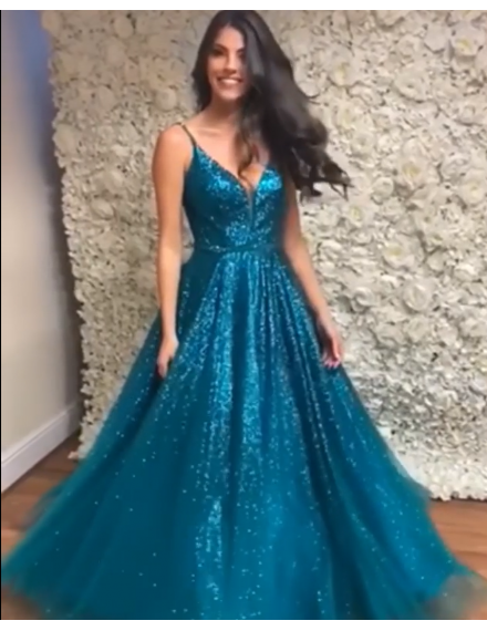 Blue Prom Dress,Sequined Prom Dress,V-Neck Prom Dresses,A-Line Prom Dress   cg12395