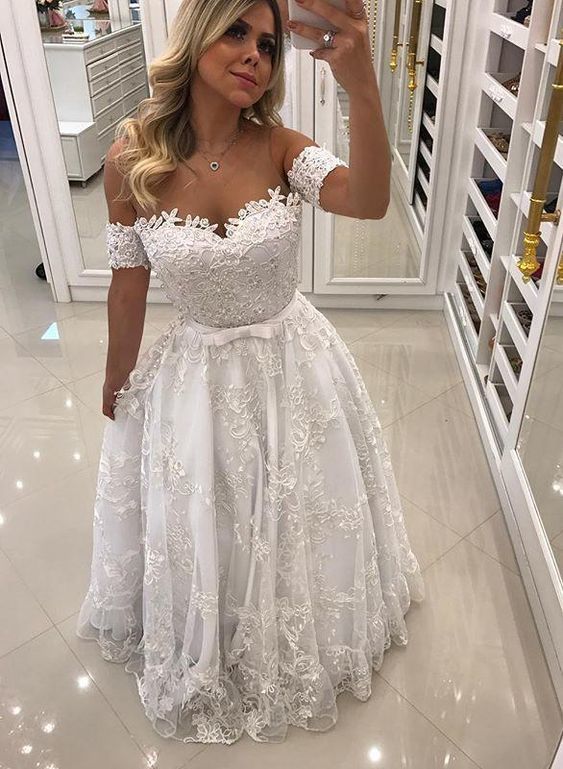 Modern White Beads Lace A-line Evening Dress | Off-the-shoulder Evening prom Gown   cg12403