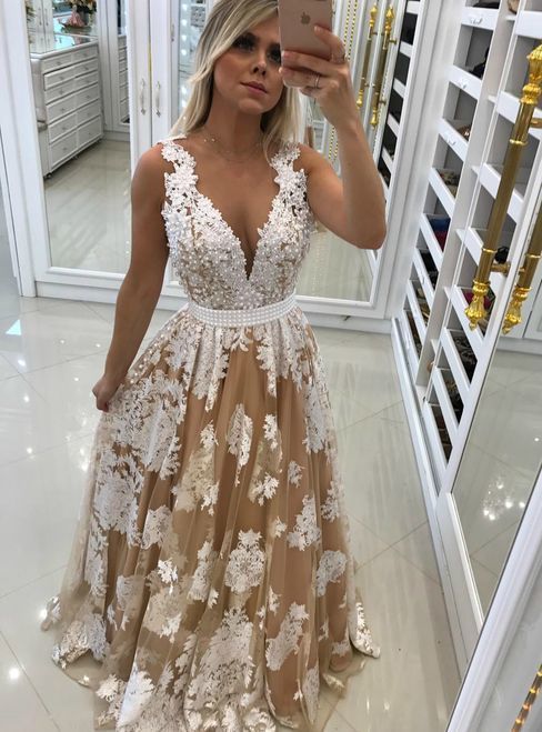 Sheer Back Deep V neck Evening Prom Dresses with Pearls Appliques   cg12404