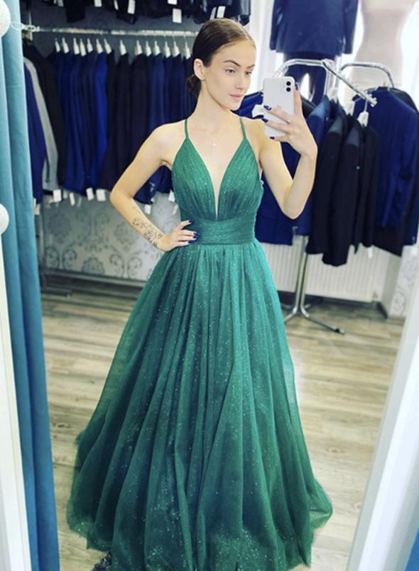 Green v neck tulle long prom dress evening dress   cg12409