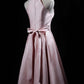 Pink Cute Short Satin Halter Homecoming Dress With Bow   cg12410