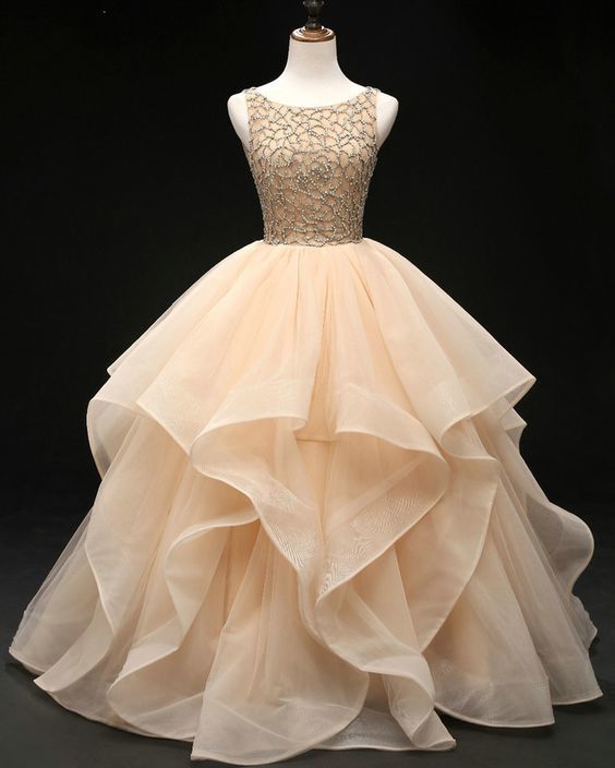 Champagne Tulle Backless Long Multi-layered Ball Gown, Beaded Quinceanera Dress prom dress   cg12432