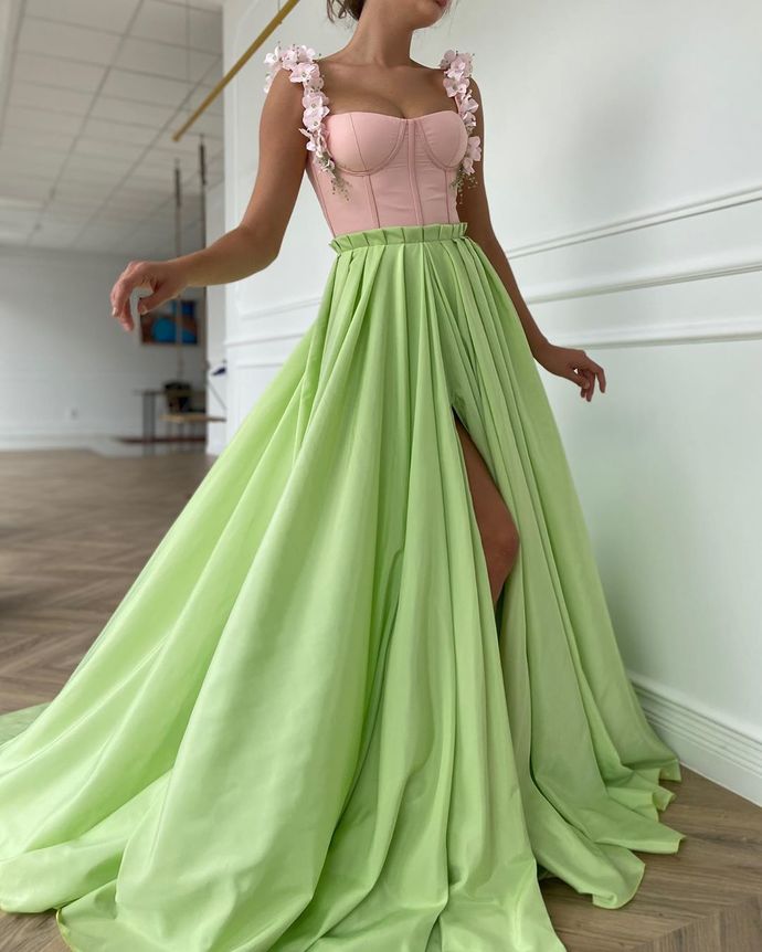 Spring Green Evening Prom Dresses Long Elegant Petals Satin Formal Party Gown with Side Slit   cg12443
