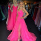 Spaghetti Straps Tulle A-Line Evening Prom Dress Pink Simple vestidos de festa longo Formal Party Dress Side Split    cg12444