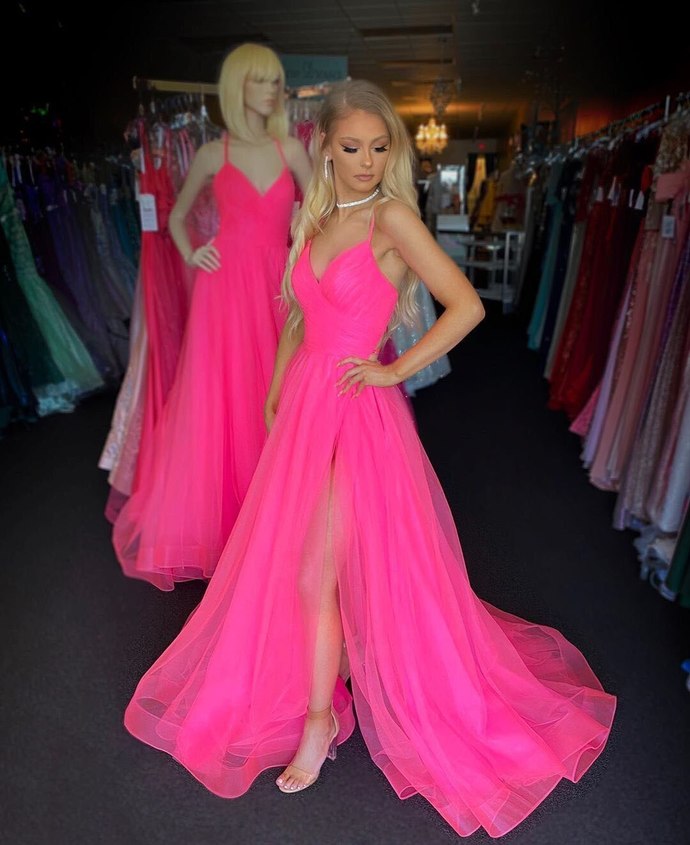 Spaghetti Straps Tulle A-Line Evening Prom Dress Pink Simple vestidos de festa longo Formal Party Dress Side Split    cg12444