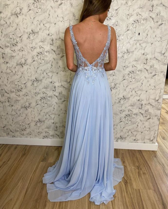 Chiffon A Line Dress Party Evening Gowns V Neck Sky Blue Formal Dresses prom dress    cg12447