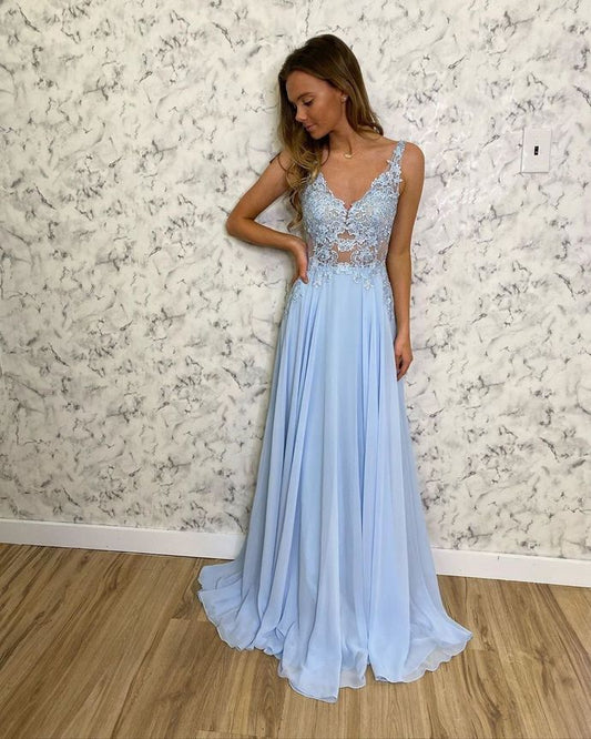 Chiffon A Line Dress Party Evening Gowns V Neck Sky Blue Formal Dresses prom dress    cg12447