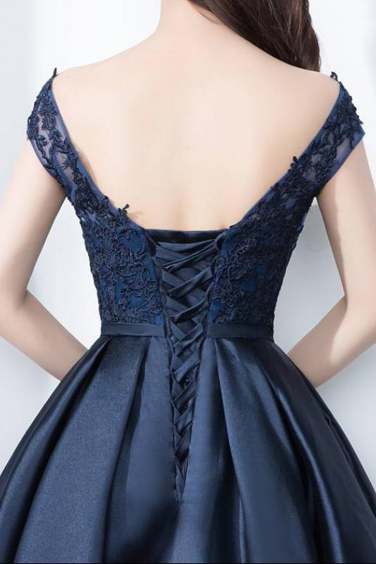 Beautiful Navy Blue Satin And Lace Knee Length Homecoming Dress   cg12453