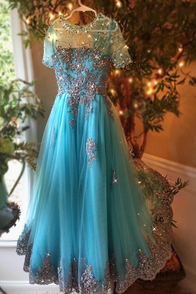 Dark turquoise organza see-through applique beading long prom dresses, evening dresses   cg12467