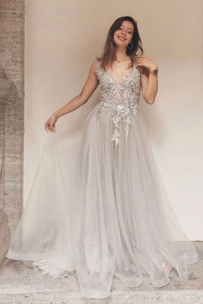 Gray v neck tulle lace long prom dress gray lace formal dress   cg12479