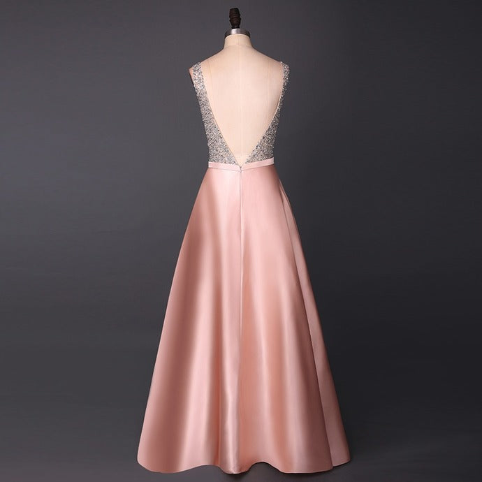 A Line Evening Dress Beading V Neck Sleeveless Long Evening Dresses Floor Length Satin prom dress     cg12504