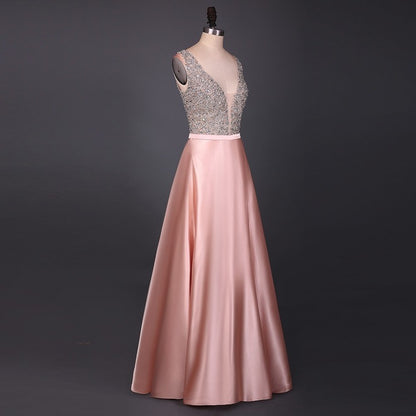 A Line Evening Dress Beading V Neck Sleeveless Long Evening Dresses Floor Length Satin prom dress     cg12504