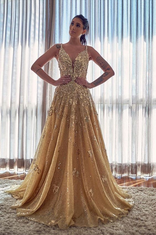 Gold Spaghetti Strap Sequin A Line Prom Dresses With Applique    cg12506