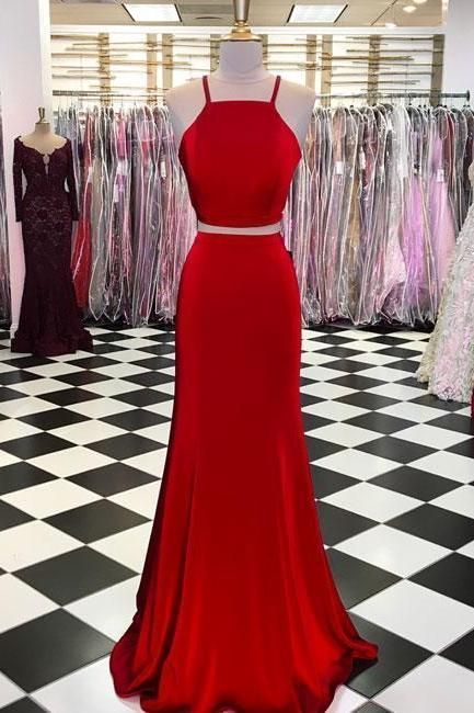 Simple Two Piecesevening Dress, Burgundy Long Prom Dress   cg12509