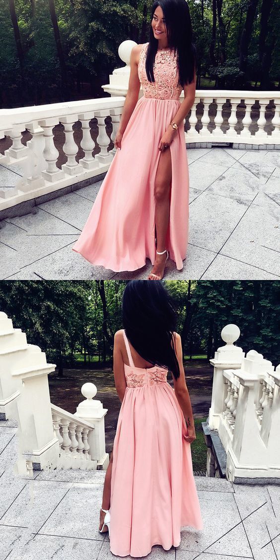 A-Line Split Front Floor-Length Pink Beaded Prom Dress with Lace    cg12516