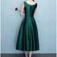 Dark Green Tea Length Bridesmaid Dress, Green Satin Prom Dress   cg12523