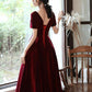 Wine Red Tea Length Short Sleeves Vintage Style Party Dress, Velvet Bridesmaid Dress Prom Dress   cg12524