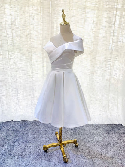 White Simple Satin Off Shoulder Knee Length Party Dress Homecoming Dress   cg12526