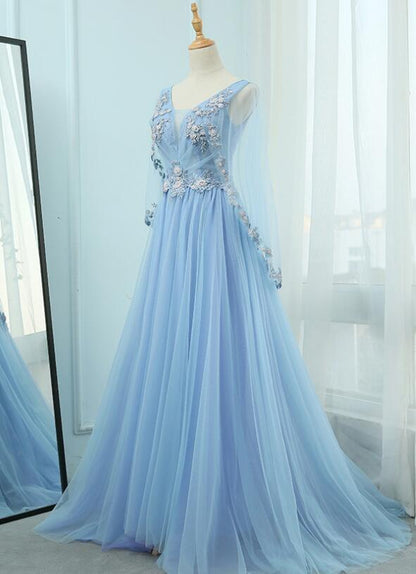 Beautiful Tulle Light Blue Floor Length Prom Dress, New Party Dress 2021   cg12527