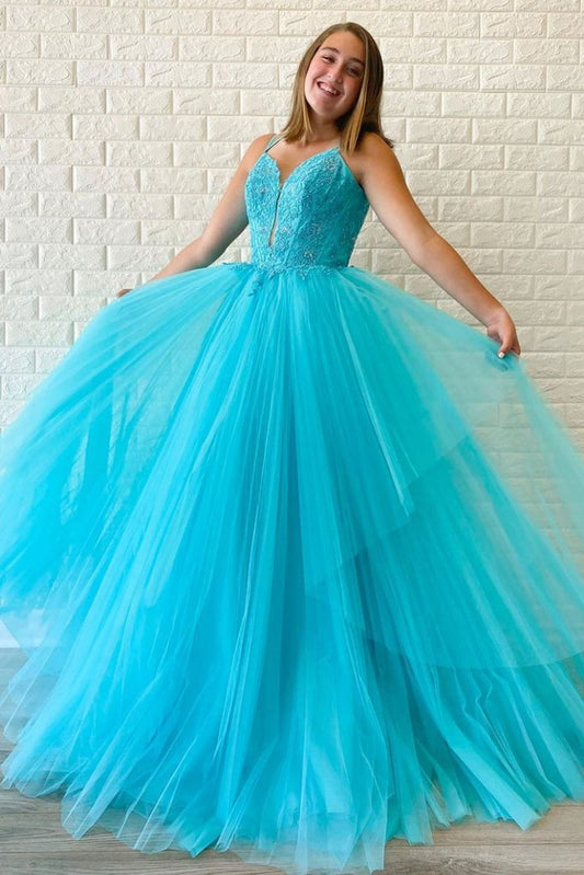 BLUE V NECK TULLE LONG PROM DRESS BLUE TULLE FORMAL DRESS   cg12528