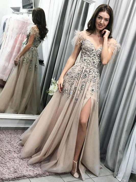 Champagne tulle lace long prom dress champagne tulle formal dress   cg12545