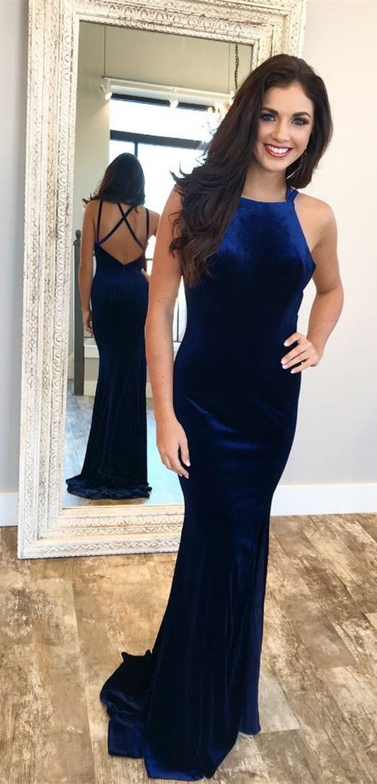 Mermaid Square Criss-Cross Straps Sweep Train Royal Blue Velvet Prom Dress   cg12561