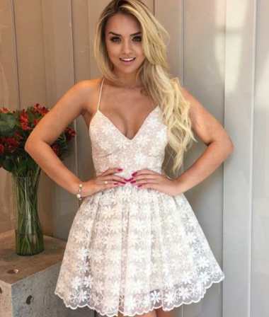 Sexy V-neck Spaghetti Straps Short White Lace Homecoming Dresses cg1258