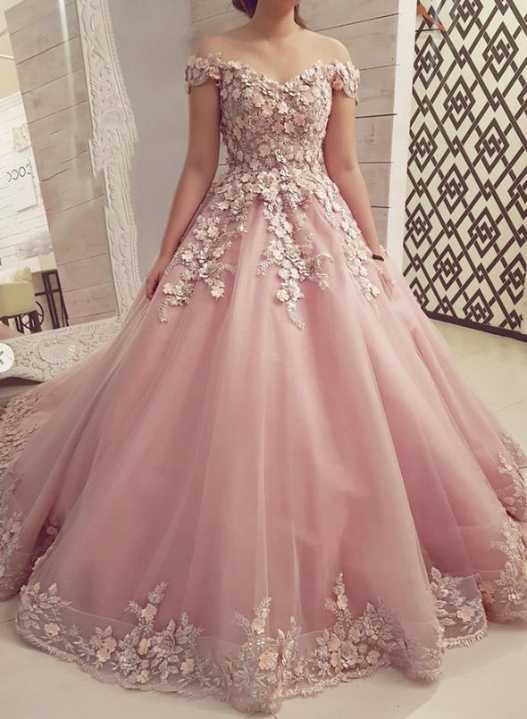 Pink tulle lace long prom gown formal dress   cg12586