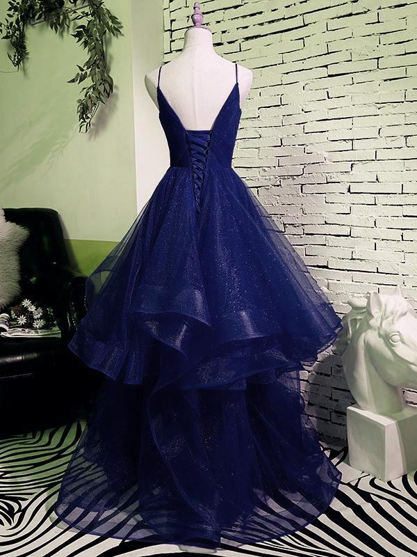 Charming Spaghetti Strps Navy Blue Prom Dress 2021, Tulle Layers Long Evening Gown   cg12587