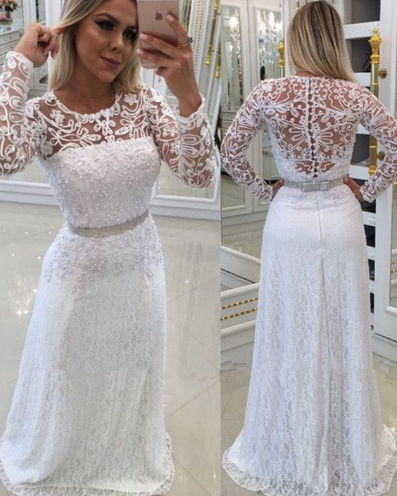 White Scoop Buttons Lace Long-Sleeves Evening prom Dress   cg12589