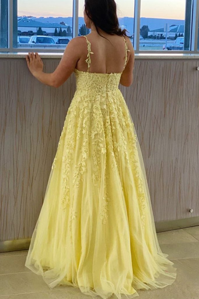 A Line V Neck Open Back Yellow Lace Long Prom Dress, Yellow Lace Formal Graduation Evening Dress   cg12600