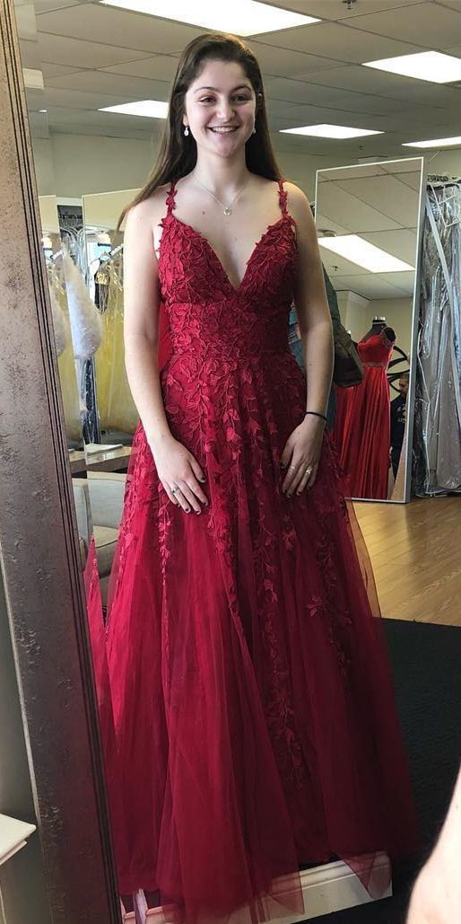 A-line long prom dress, red lace long prom dress    cg12615