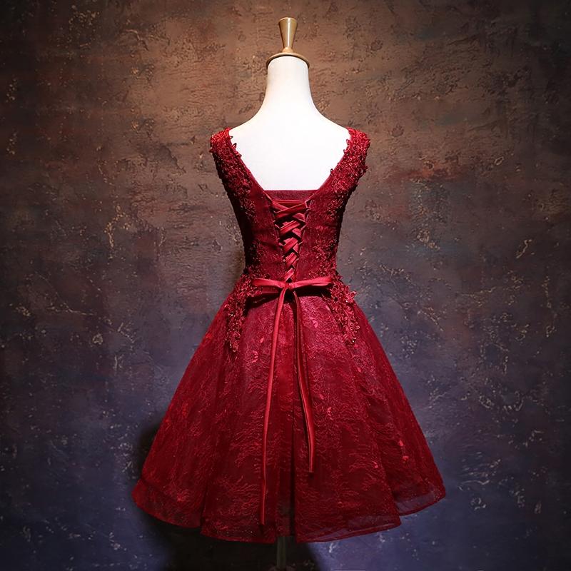 Wine Red Short Lace Cute Homecoming Dress, V-Neckline Lace-Up Teen Party Dress   cg12616