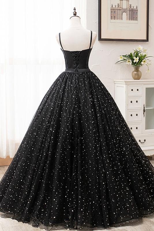 Beautiful Black Prom Dresses, Princess Spaghetti Straps Sleeveless Backless Party Dress   cg12617