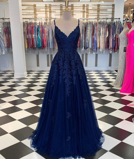 BLUE V NECK TULLE LACE LONG PROM DRESS EVENING DRESS   cg12619