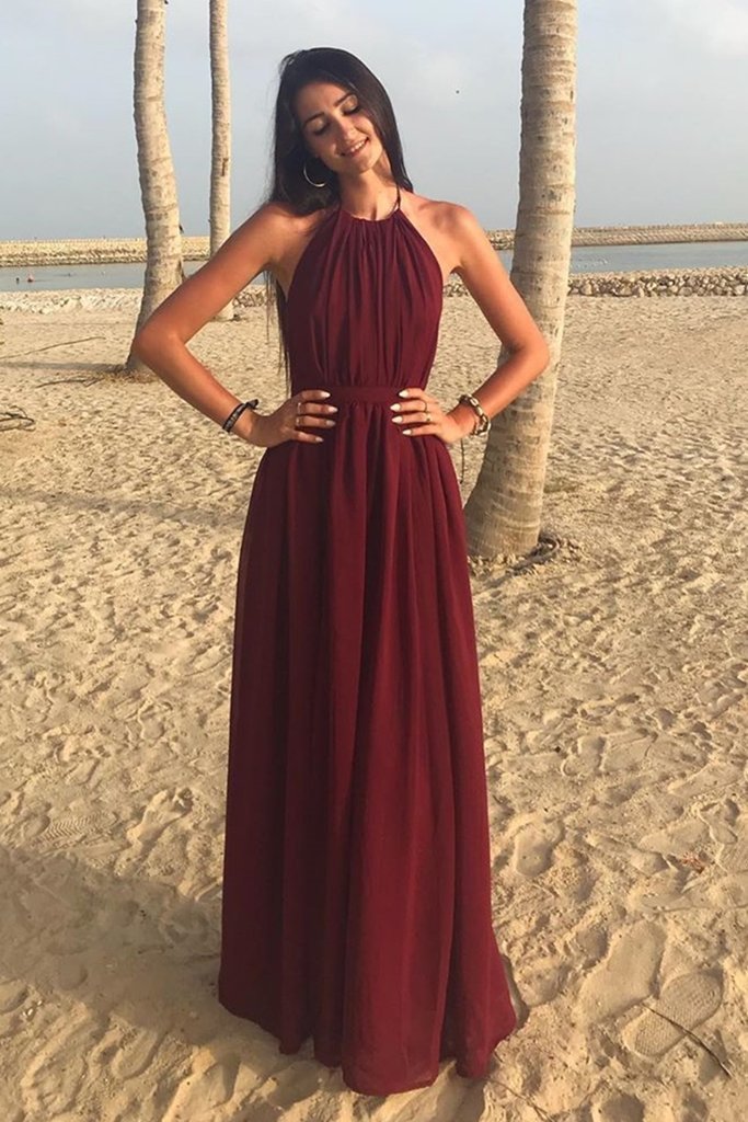 A Line Halter Neck Burgundy Long Prom Dress, Halter Neck Burgundy Formal Graduation Evening Dress   cg12627