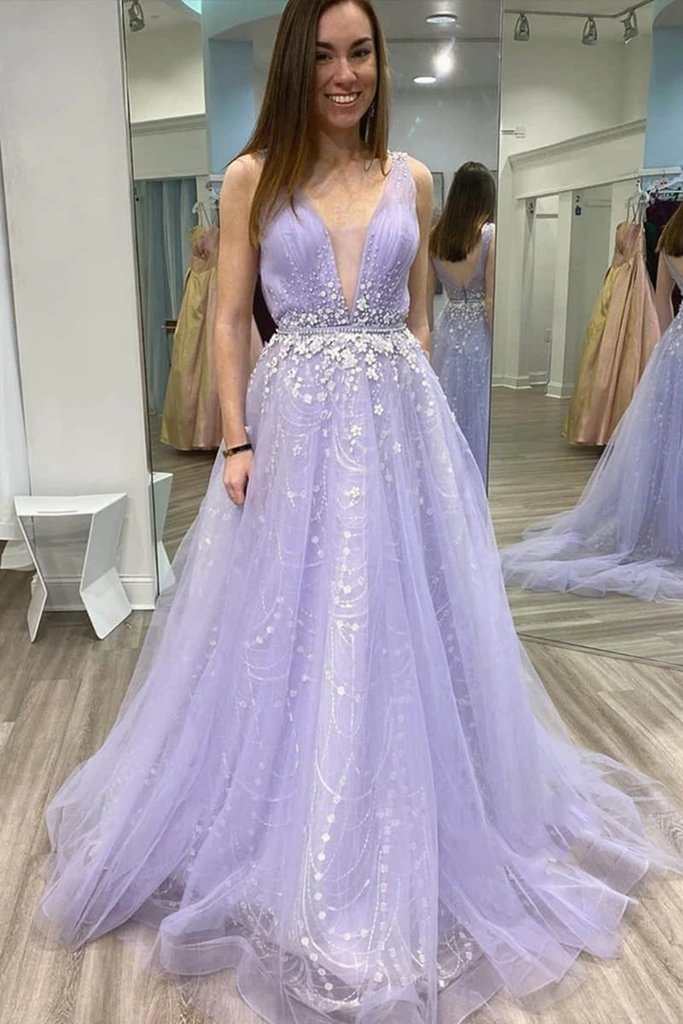 A Line V Neck Tulle Lace Appliques Long Lilac Prom Dress, V Neck Lace Appliques Lilac Formal Dress, Lace Lilac Evening Dress   cg12628